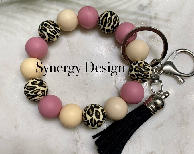 Wristlet Keychain- Boho mauve and leopard