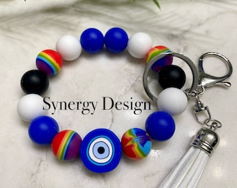 Wristlet keychains- Evil Eye Blue Rainbow design