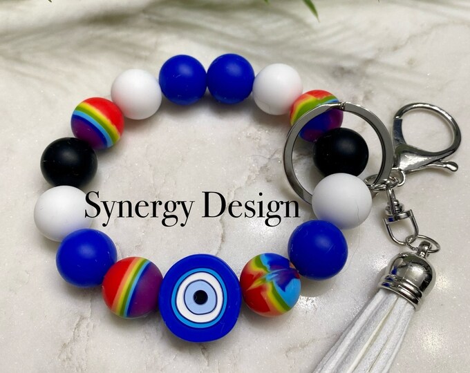 Wristlet keychains- Evil Eye Blue Rainbow design