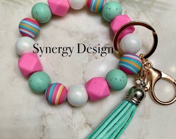 Wristlet keychains- Pink striped mint green gritty