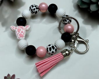Wristlet keychains- Western pink cow design