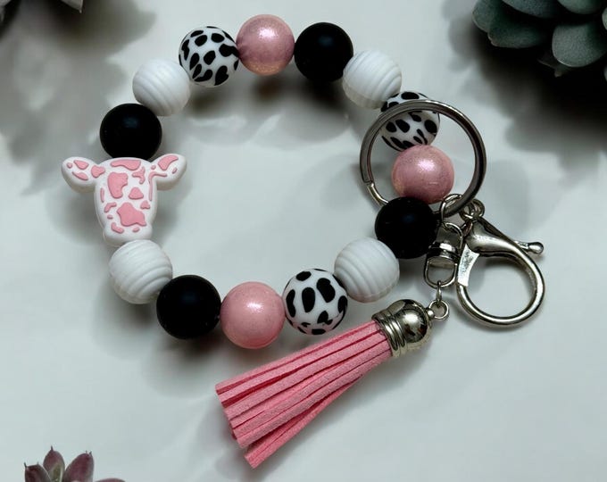 Wristlet keychains- Western pink cow design