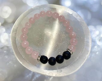 Rose Quartz and Lavastone Bracelet-rose quartz jewelry/elastic bracelet /healing crystal bracelet/chakra stone/rose quartz beads.