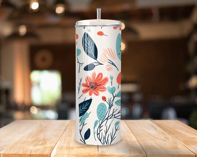 Boho Floral Pattern 20oz tumbler with lid and straw.