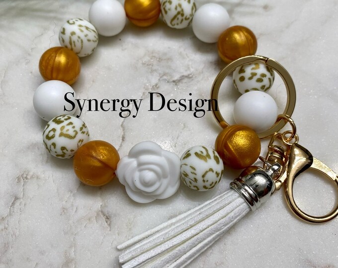 Wristlet keychains- Golden floral with white Rose