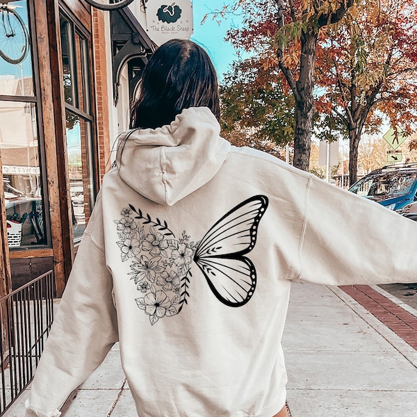 Butterfly Hoodie, Floral Butterfly Sweatshirt, Floral Aesthetic Hoodie, Animal Sweatshirt, Animal Lover Gifts, Animal Graphic Shirts, DP6188