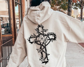Floral Cross Hoodie, Women's Religious Shirt, Aesthetic Christian Sweatshirt, Jesus Apparel, Christian Gifts For Her, Catholic Gifts, DY5735