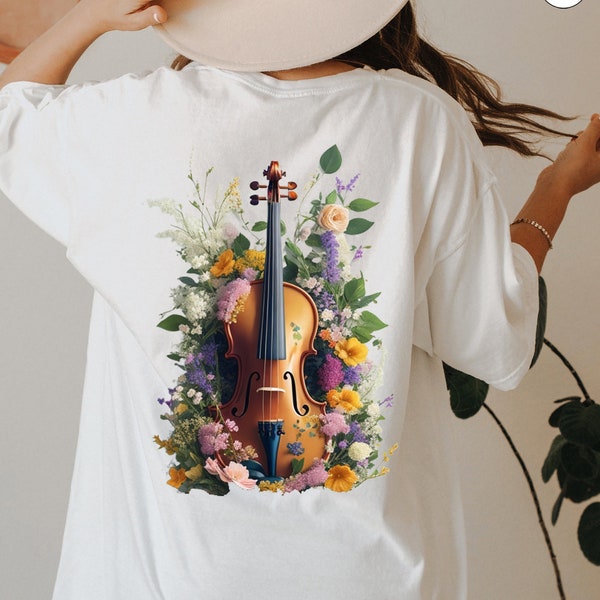 Flower Violin Shirt, Women's Aesthetic Sweatshirt, Trendy Floral Print T-shirt, VSCO Hoodie, Gift for Music Lover, Teenage Girl Gifts,Y5413