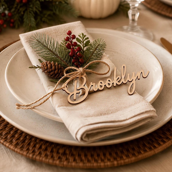 Personalized Wooden Place Cards, Laser Cut Guest Names for Wedding and Holiday Tables