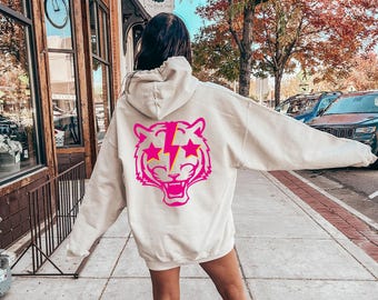 Lightning Bolt Hoodie, Preppy Tiger Sweatshirt, Pink Tiger Shirt, Lightning Shirts, Oversized Hoodie, Trendy Shirts for Teenagers, DP6098