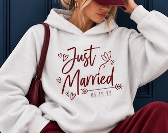 Personalized Just Married Hoodie, Custom Wedding Date Shirt, Newlywed Sweatshirt, Honeymoon Outfit