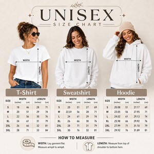 Unisex size guide for t-shirt, sweatshirt and hoodie listing chest width and body length per size