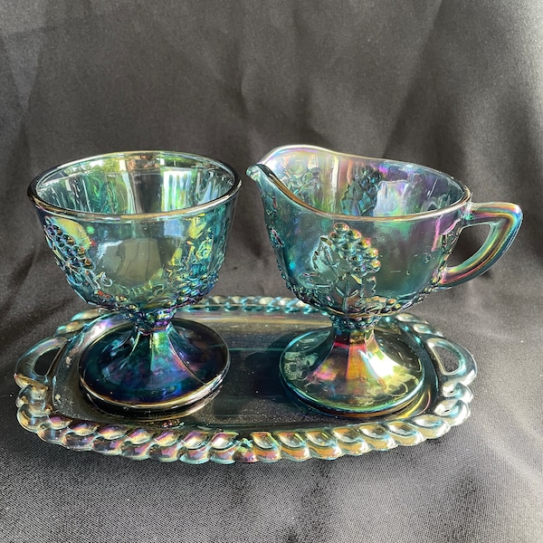 Vintage Indiana Glass Iridescent Blue Carnival Glass Creamer, Sugar, Tray