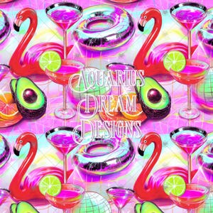 May include: A vibrant pattern featuring pink flamingos, cocktails, avocados, and inflatable rings. The design includes the text "Aquarius Dream Designs" in a decorative font, set against a pink geometric background.