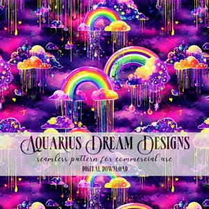 May include: A vibrant digital design featuring rainbows, clouds, and rain against a purple and pink sky. The design includes the text "AQUARIUS DREAM DESIGNS" and "seamless pattern for commercial use".