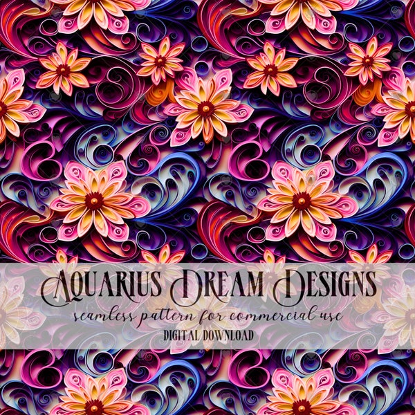 Quilling Seamless File, Pink Purple Quilling Flowers Seamless, Floral Pattern, Purple Floral Seamless Pattern, Floral Quilling Digital Paper