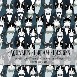 May include: A repeating pattern of tuxedo cats wearing bow ties and suits, set against a dark blue backdrop. The cats have black and white fur and green eyes. The text "Aquarius Dream Designs" and "seamless pattern for commercial use" is visible.