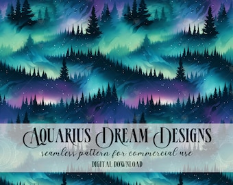 Northern Lights Seamless File, Forest Seamless Pattern, Northern Lights Forest Digital File for Fabric and Sublimination, Evergreen Trees
