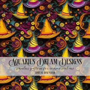 May include: A seamless pattern featuring witch hats in yellow, orange, and purple, with intricate paper quilling designs in black, pink, and yellow. The background is a teal blue color.