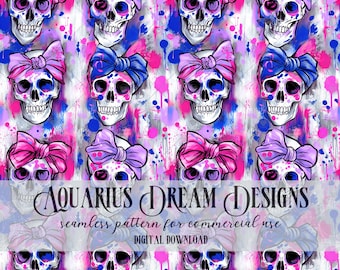 Cute Skulls Seamless Pattern, Graffiti Skulls with Bows Seamless File, Skull Seamless Gothic Pattern, Seamless Skull Pattern Fabric Design