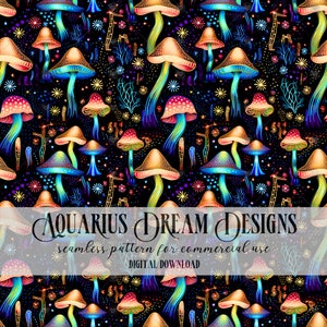 May include: A seamless pattern featuring psychedelic mushrooms with rainbow colors on a black background. The pattern is filled with stars, flowers, and other abstract shapes.
