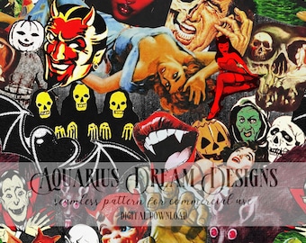 May include: A seamless pattern featuring a collage of vintage Halloween imagery. The pattern includes images of a devil, a vampire, a witch, a pumpkin, and a skull. The pattern is in a retro style and is perfect for use in Halloween crafts and decorations.