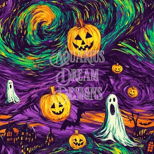 Patrón sin costuras de Halloween inspirado en Van Gogh, archivo sin costuras de Halloween, patrón sin costuras de Halloween, PNG sin costuras de Van Gogh para diseño de telas