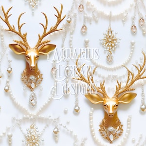 Bordado falso sin costuras, archivo navideño sin costuras, reno de oro 3D sin costuras para el diseño de telas, papel digital de renos de bordado