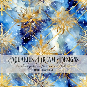 Può includere: Motivo senza cuciture con fiocchi di neve dorati ad acquerello su uno sfondo ad acquerello blu e bianco. Il testo "AQUARIUS DREAM DESIGNS" e "motivo senza cuciture per uso commerciale" è visualizzato su uno striscione bianco.