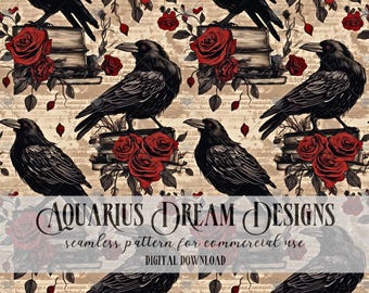 Edgar Allen Poe Seamless Pattern, Ravens and Roses Seamless, Raven Seamless File, Gothic Seamless Gothic Repeating Pattern The Raven Pattern