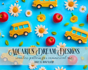 3D Back to School Seamless Pattern, Kids School Seamless File, 3D School Bus Seamless PNG, Bus Fabric Design, Retro Back to School Digital