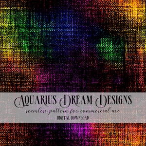 Puede incluir: Un patrón digital sin costuras que presenta un degradado de arcoíris sobre un fondo negro con un aspecto texturizado y tejido. El texto "AQUARIUS DREAM DESIGNS seamless pattern for commercial use DIGITAL DOWNLOAD" está en la parte inferior de la imagen.