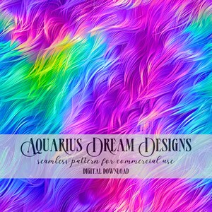 May include: A seamless digital pattern featuring a vibrant, abstract design with swirling lines of pink, blue, green, and yellow. The text "AQUARIUS DREAM DESIGNS" and "seamless pattern for commercial use" is displayed on a white banner.