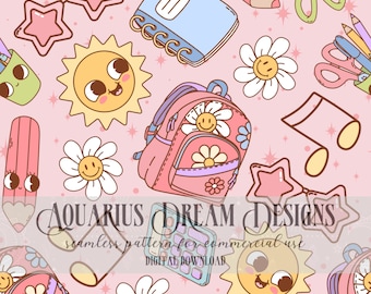Back to School Seamless Girls Pattern, School Seamless File, Cute Back to School Seamless PNG Fabric Design, Retro Back to School Digital