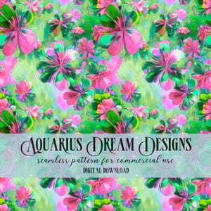 May include: A seamless pattern featuring stylized pink and green flowers on a light green background. The text "AQUARIUS DREAM DESIGNS" and "seamless pattern for commercial use" is displayed. The words "DIGITAL DOWNLOAD" are also visible.