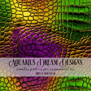 May include: Seamless pattern featuring a colorful crocodile skin texture in shades of green, yellow, purple, and gold. The pattern is ideal for digital projects and crafts.