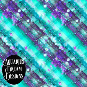 May include: Abstract digital art with a teal, purple, and white color scheme. Diagonal lines and splatters create a textured effect. The image includes a black oval with the text "Aquarius Dream Designs" in white.