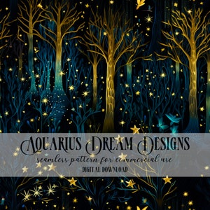Puede incluir: Un patrón sin costuras que presenta un bosque azul oscuro con árboles dorados y estrellas. El texto "AQUARIUS DREAM DESIGNS" y "patrón sin costuras para uso comercial" se muestra en una pancarta blanca.