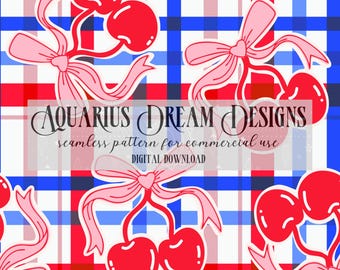 Fourth of July Cherry Seamless , Girls 4th of July Seamless Pattern, Coquette Seamless 4th of July Pattern, Seamless Patriotic Pattern