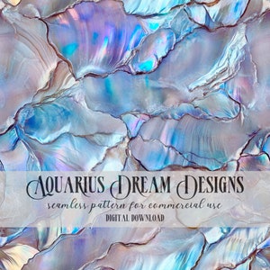 Pode incluir: Padrão sem costura com um design abstrato azul, roxo e iridescente. O padrão lembra uma concha ou madrepérola. O texto "AQUARIUS DREAM DESIGNS" e "padrão sem costura para uso comercial" é exibido em uma faixa branca.