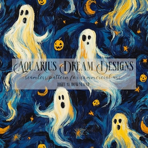 May include: A seamless pattern featuring white ghosts with black eyes and mouths, flying against a blue and yellow starry night background. The pattern also includes orange pumpkins and crescent moons.