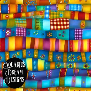 May include: A colourful abstract artwork with a patchwork design. The image shows rectangular shapes in blue, yellow, orange, and purple, decorated with floral and geometric patterns. The text "Aquarius Dream Designs" is visible.