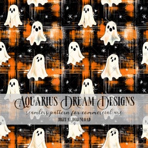 May include: A seamless pattern featuring white ghosts on a black background with orange and white plaid accents. The pattern is perfect for Halloween crafts and projects.