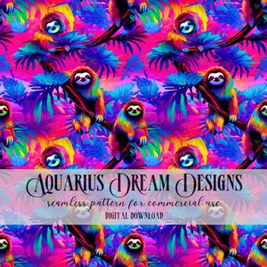 May include: A seamless pattern featuring colorful sloths on branches with tropical leaves. The sloths are rendered in a rainbow gradient, with a pink background. The text "AQUARIUS DREAM DESIGNS" and "seamless pattern for commercial use" is displayed at the bottom of the image.