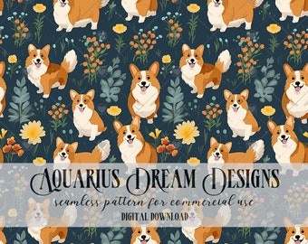 May include: A seamless pattern featuring a repeating design of corgi dogs with brown and white fur, standing in a field of yellow and orange flowers on a dark blue background. The text "AQUARIUS DREAM DESIGNS" and "seamless pattern for commercial use" is displayed at the bottom of the image.