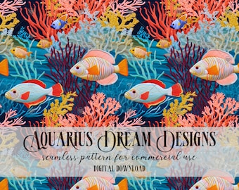 Embroidery Seamless File, Embroidery Ocean Seamless Pattern, Embroidery Fish and Coral Repeating Pattern for Fabric and Sublimination