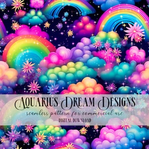 Op de afbeelding: Een naadloos patroon met kleurrijke wolken, regenbogen en bloemen op een zwarte achtergrond met glinsterende sterren. De tekst "AQUARIUS DREAM DESIGNS" en "naadloos patroon voor commercieel gebruik" wordt weergegeven op een witte banner.