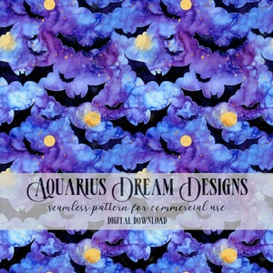 May include: A seamless pattern featuring a dark blue and purple watercolor background with gold accents. The pattern includes silhouettes of bats flying against a black background. The text "AQUARIUS DREAM DESIGNS" and "seamless pattern for commercial use" is displayed on a white banner.