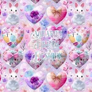 Pode incluir: Um padrão repetitivo com coelhos brancos, desenhos em forma de coração e elementos florais em tons de rosa, roxo e azul. Os corações são adornados com laços e detalhes decorativos. O texto "AQUARIUS DREAM DESIGNS" é visível no centro.