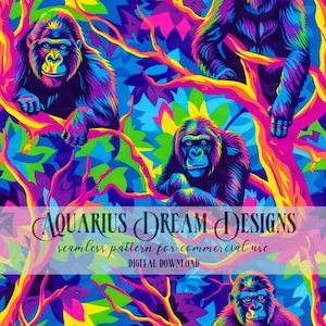 May include: A seamless pattern featuring colorful gorillas in a jungle setting. The gorillas are depicted in a vibrant rainbow color scheme against a background of bright green, blue, and pink foliage. The pattern is titled "AQUARIUS DREAM DESIGNS" and includes the text "seamless pattern for commercial use" and "DIGITAL DOWNLOAD".